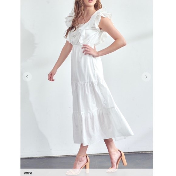 POLAGRAM White Embroidered Crochet Tiered Midi Dress - Picture 7 of 8
